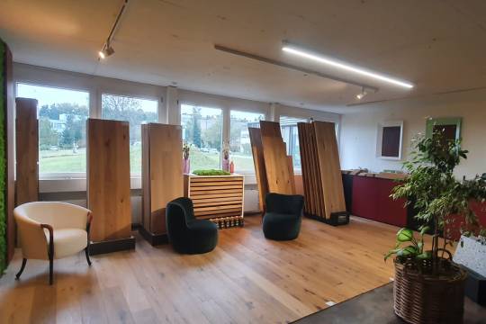 Showroom mit Eichendielen, Zimmerpflanze und weissem Sessel